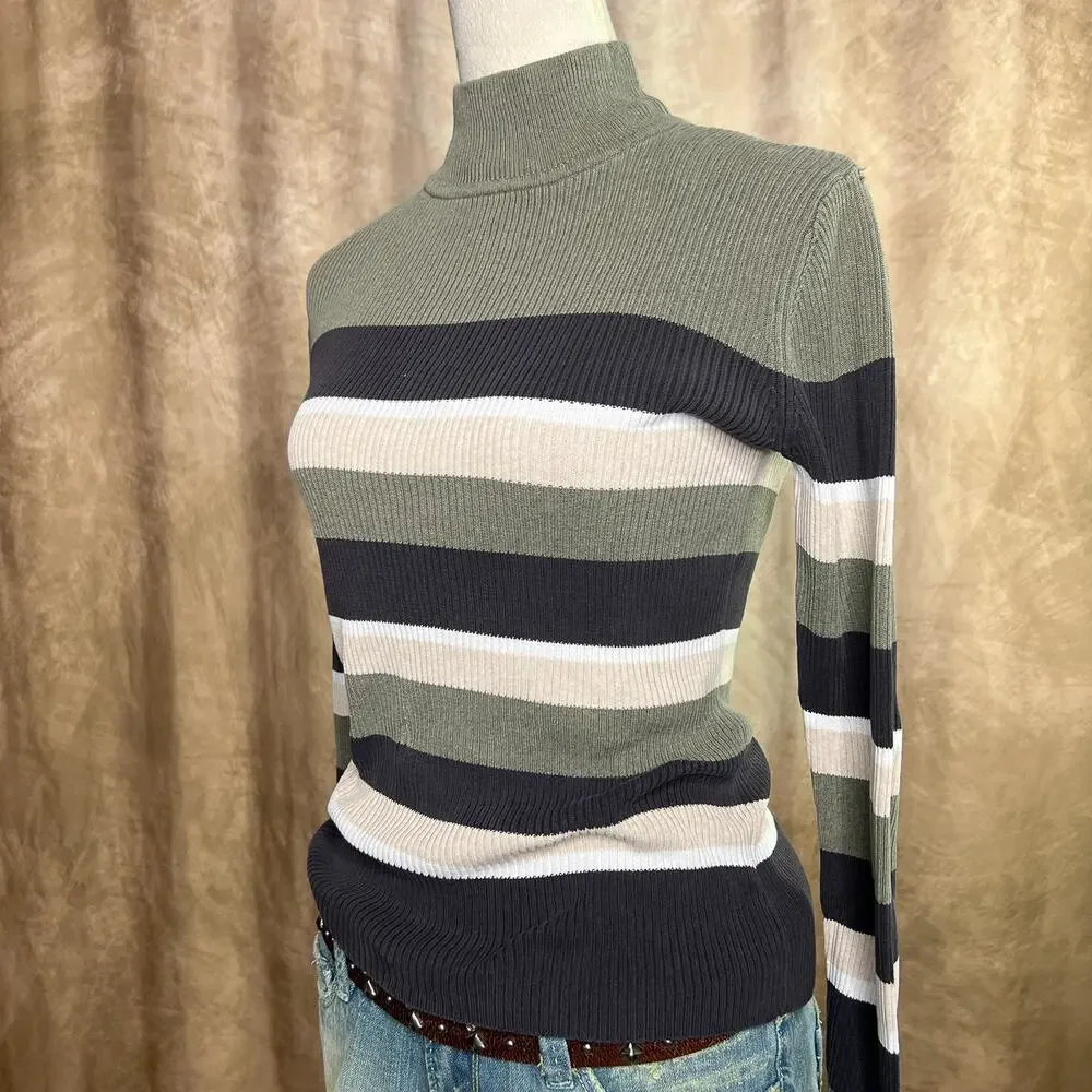 Y2K Striped Ribbed Sweater High Neck Long Sleeve Green Black Tan Skater Grunge - Picture 2 of 8